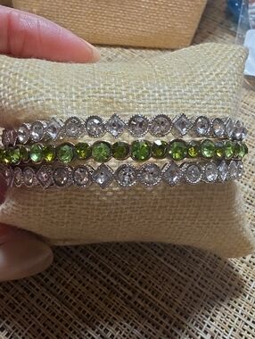 Crystal and Green Stone Triple-Row Women's Bracelet